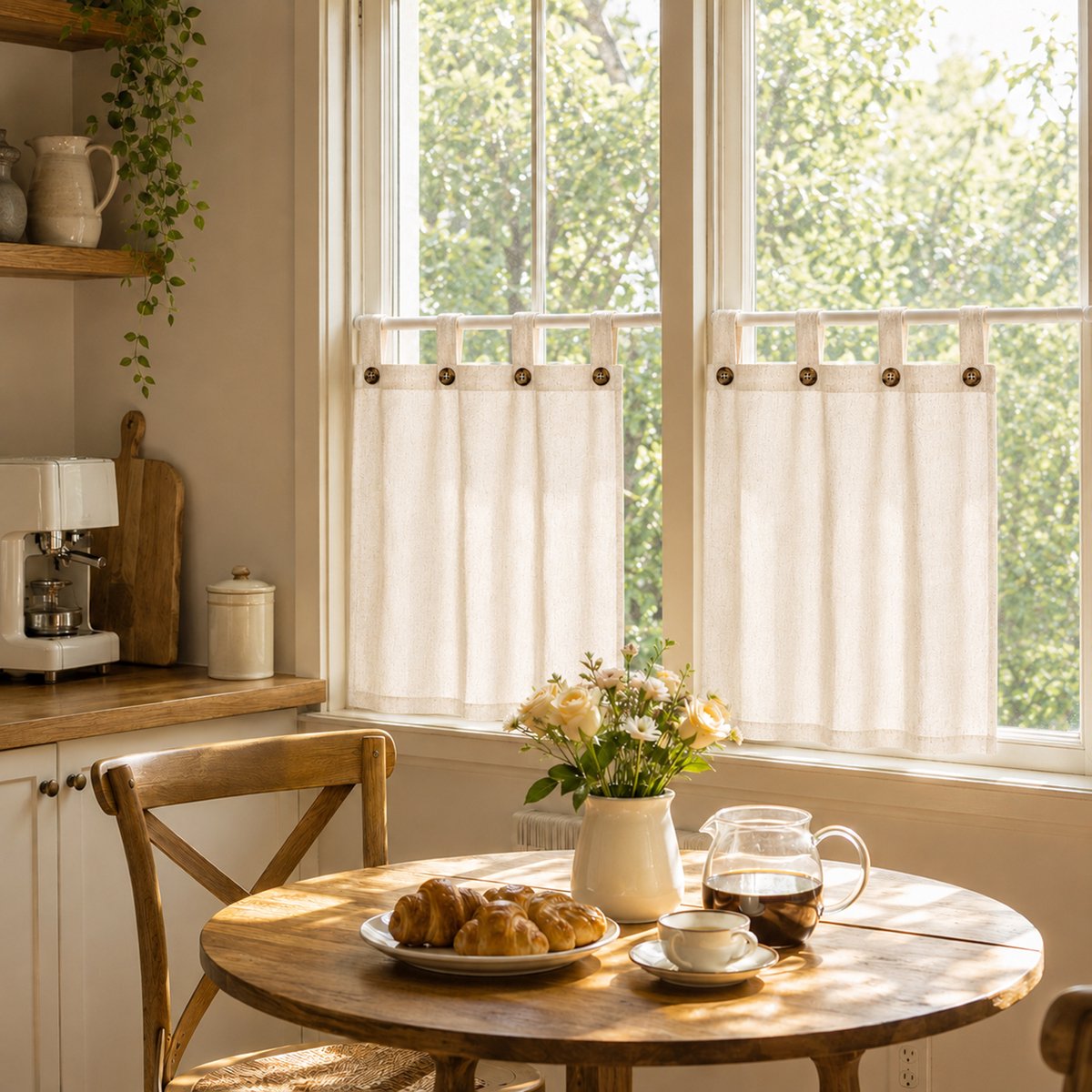 Qelus Vitrage Korte Gordijnen 2 Stuks - Linnenlook met Lussen en Knopen - 63 x 93 cm - Beige