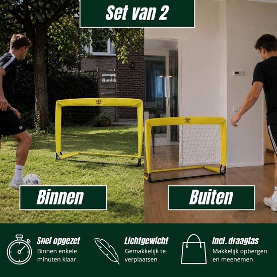 Twee gele Umbro voetbaldoeltjes, één binnen en één buiten. Snel opgezet, lichtgewicht, inclusief draagtas.