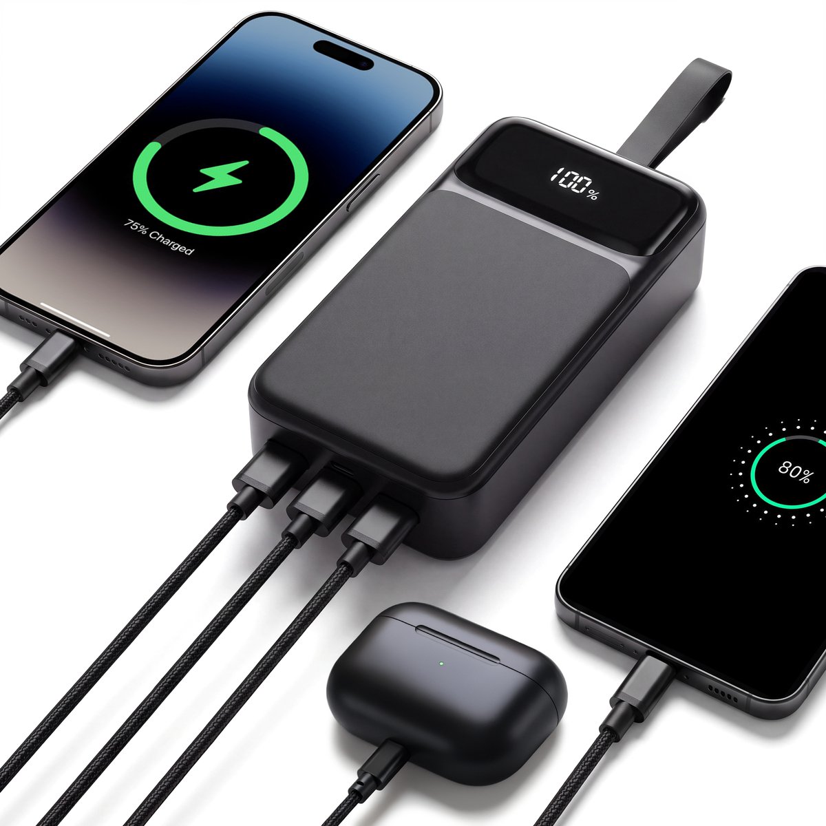 AG Powerbank 27.000 mAh - 22,5W Snellader met 4 Aansluitingen - Dual USB-C Input/Output en Dual USB-A Output - IPX4 Waterbestendig - LED Display - Draagkoord - Zwart