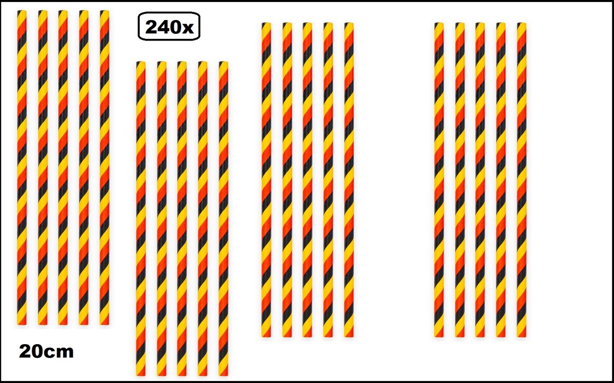 240x Papieren rietjes stripes zwart/geel/rood - 100% biologisch afbreekbaar - Belgium Thema party feest Belgie festival uitdeel rietje drinken