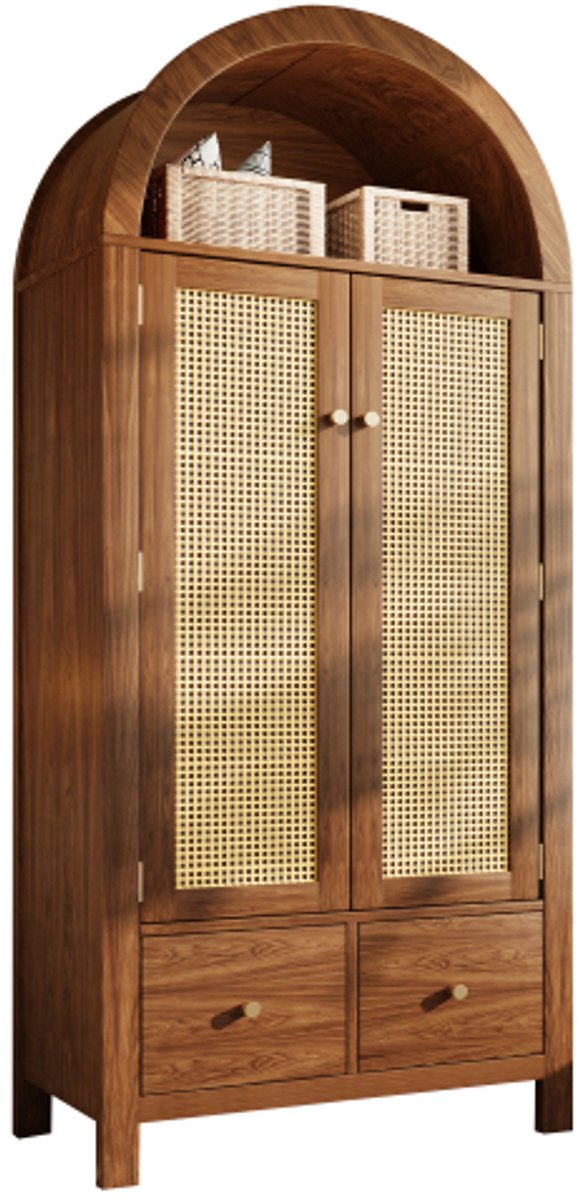 COLAMY Kledingkast - Garderobekast - Rattan Deuren - 2 Laden - Kledingstang - Landelijke Stijl - Walnootlook