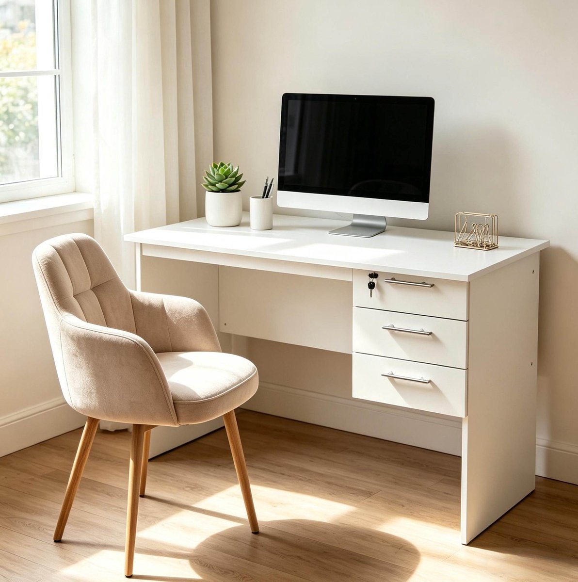 FloraGrace Bureau - Modern Bureau Met 3 Lades En Slot - Voor Kantoor, Werkkamer En Slaapkamer - Hout En Metaal - Wit - 120x60x75 Cm