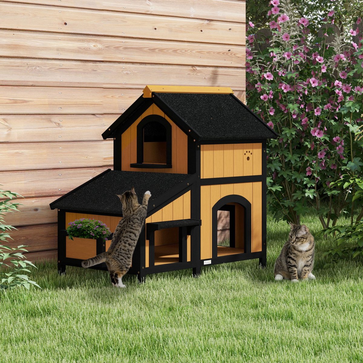 COVREO Kattenhuis 96 x 65 x 85,5 cm geel, hout met asfaltdak, 2 etages