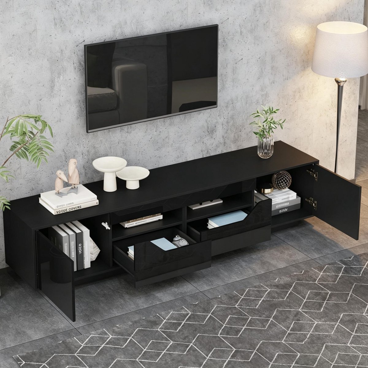 FloraGrace TV Meubel - Hoogglans Zwart Met LED En 2 Lades - Voor Woonkamer En Tv Hoek - Spaanplaat - 180x40x45 Cm