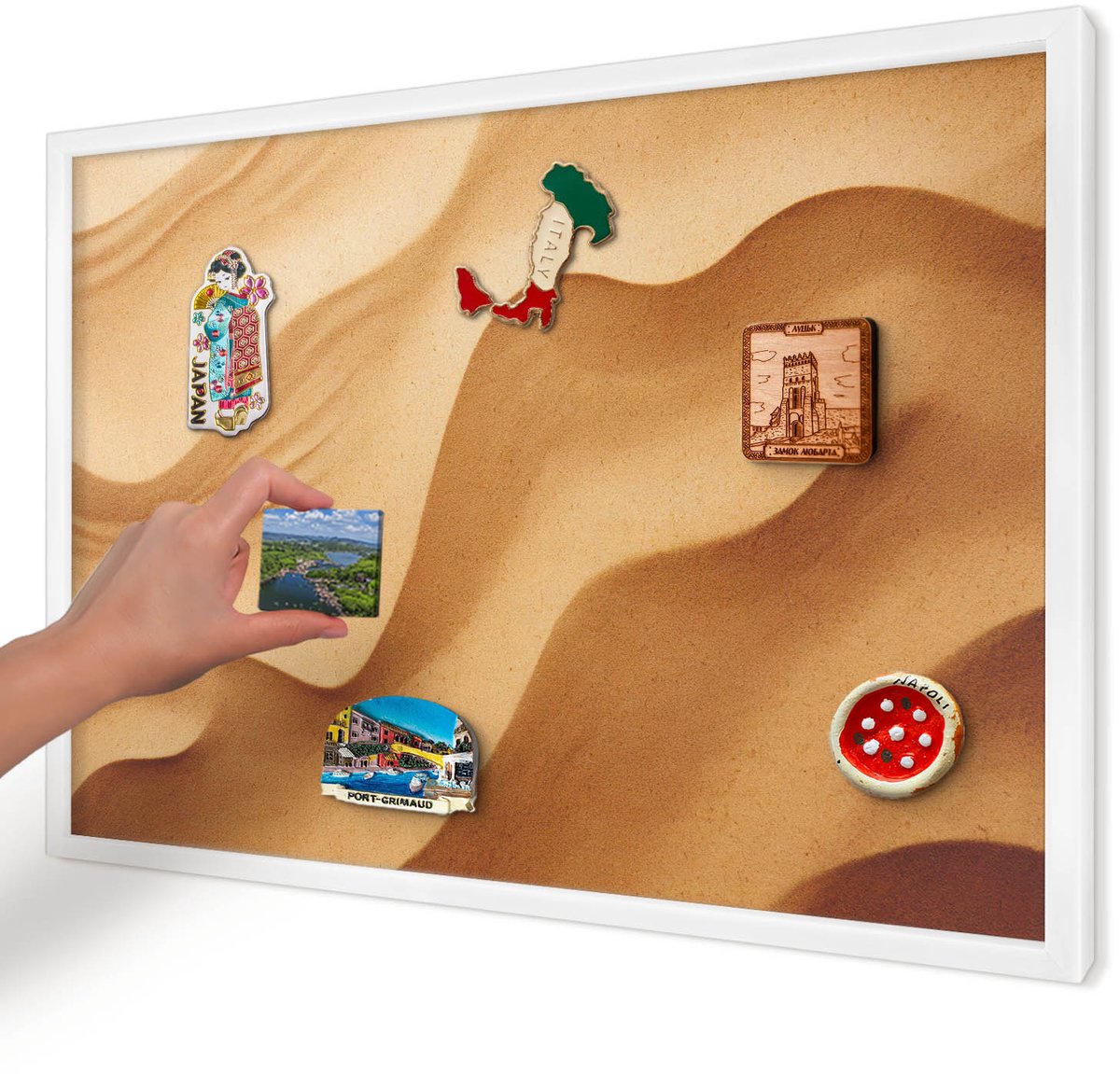 Artprintcave Oranje Magneetbord mit Witte Lijst - 60x40 cm - Zandgolven Magnetisch Bord - Abstract Memobord Keuken - Abstractie