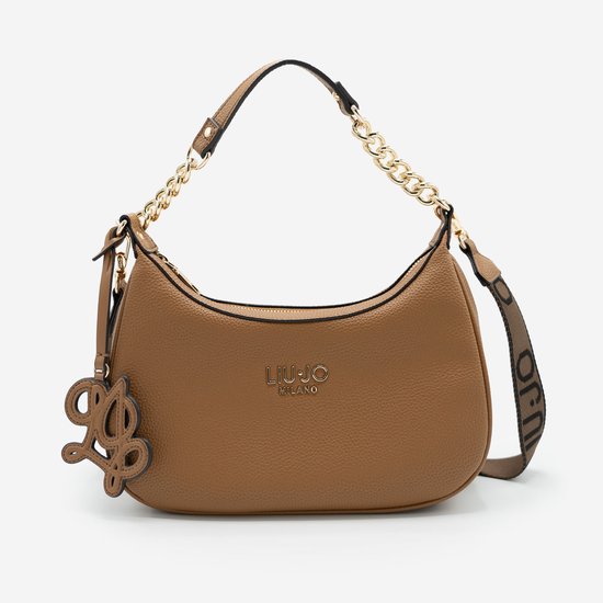 Sac bandoulière Liu Jo en cuir grainé marron avec chaîne dorée et bandoulière marron logotée.