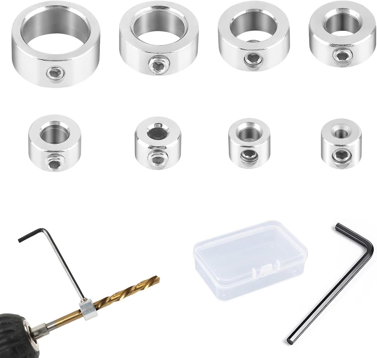 SnelShoppen - 8-delige diepte-stop voor boren, diepte limiter, verstelring 3/4/5/6/8/10/12/16 mm, precisie boren, diepte stopringen, set met inbussleu