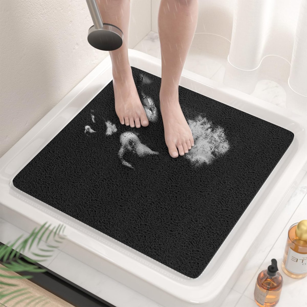 SnelShoppen - Non Slip Douchemat 53 x 53 cm, Antislip Badmat zonder Zuignappen, Zachte PVC Loofah Badmat, Sneldrogend met Efficiënte Afvoer, Zwart