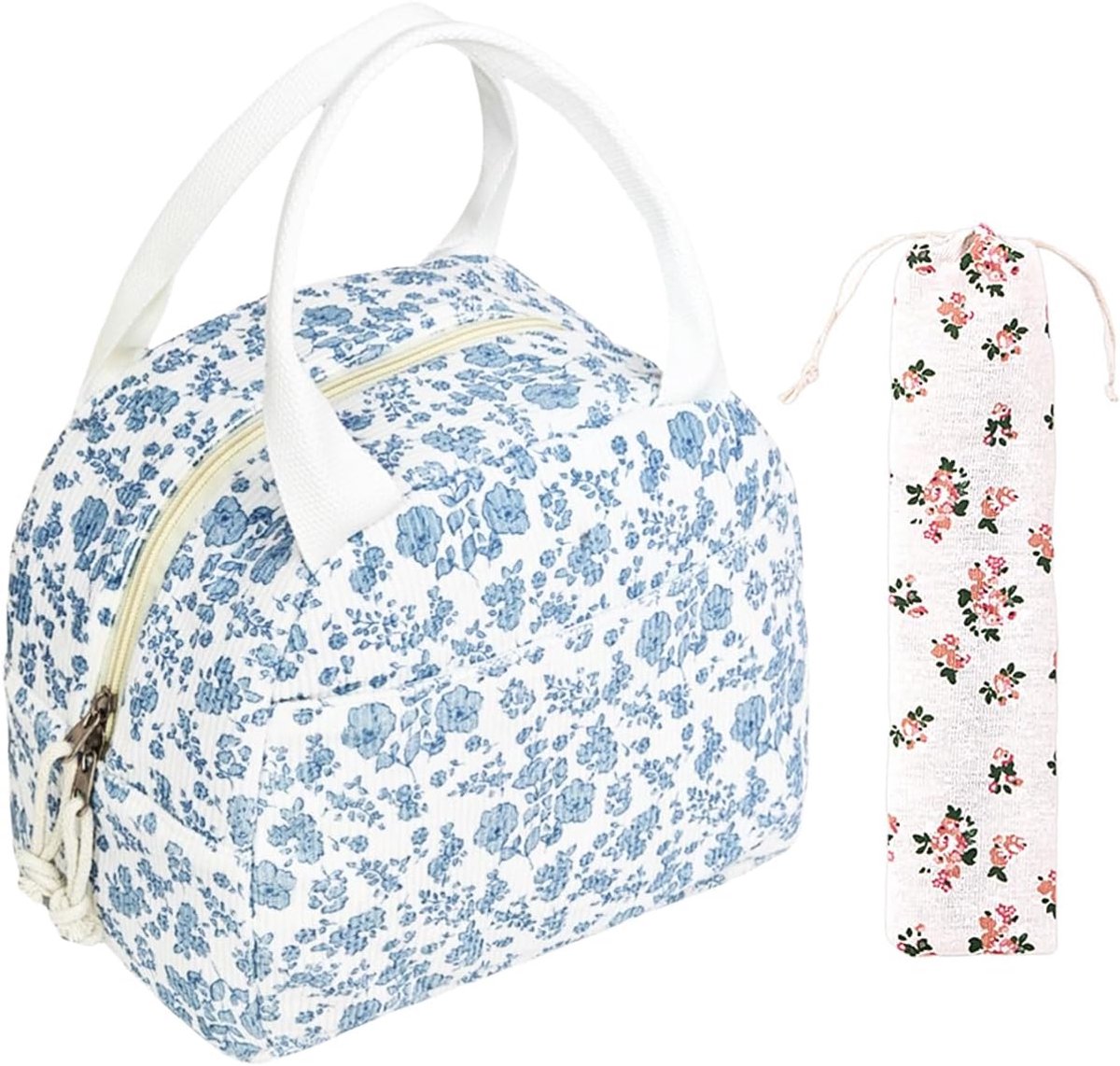 SnelShoppen - 1 Stuk Bloemen Lunchtas en 1 Stuk Bestekopslag Tas, Geprinte Geïsoleerde Tas, Schattige Geïsoleerde Lunchtas voor Kinderen, Perfecte Lun