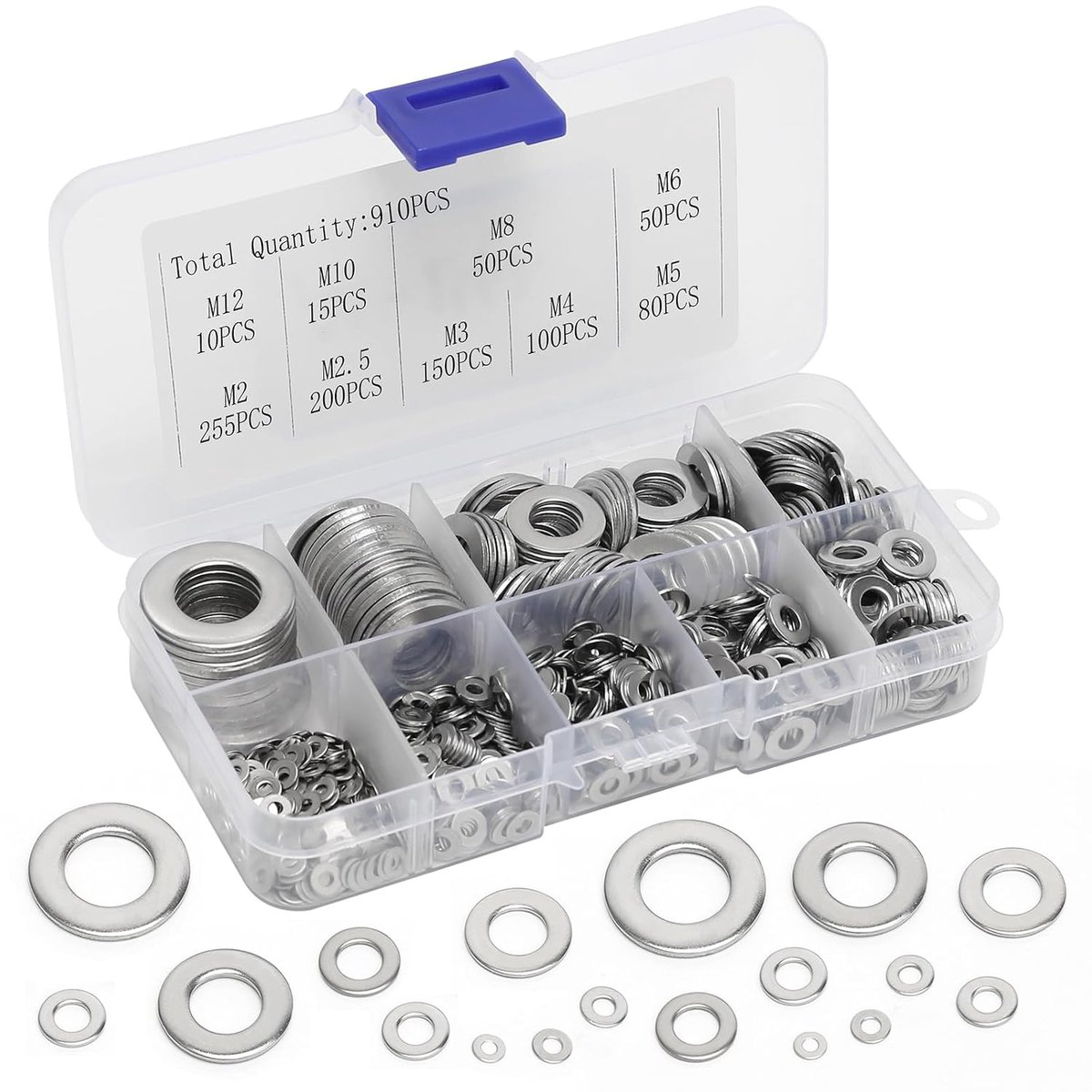 Platte metalen ringen set 910 stuks - RVS assortiment - Hoge sterkte - Voor schroeven en bouten - ShopVlot