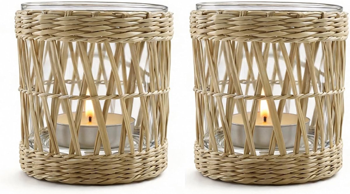 SnelShoppen - Macrame Kaarsenhouder Set van 2 - Decoratieve Vintage Stijl Kaarsenhouders van Natuurlijk Gras en Glas - Boho Decoratie voor Balkon met