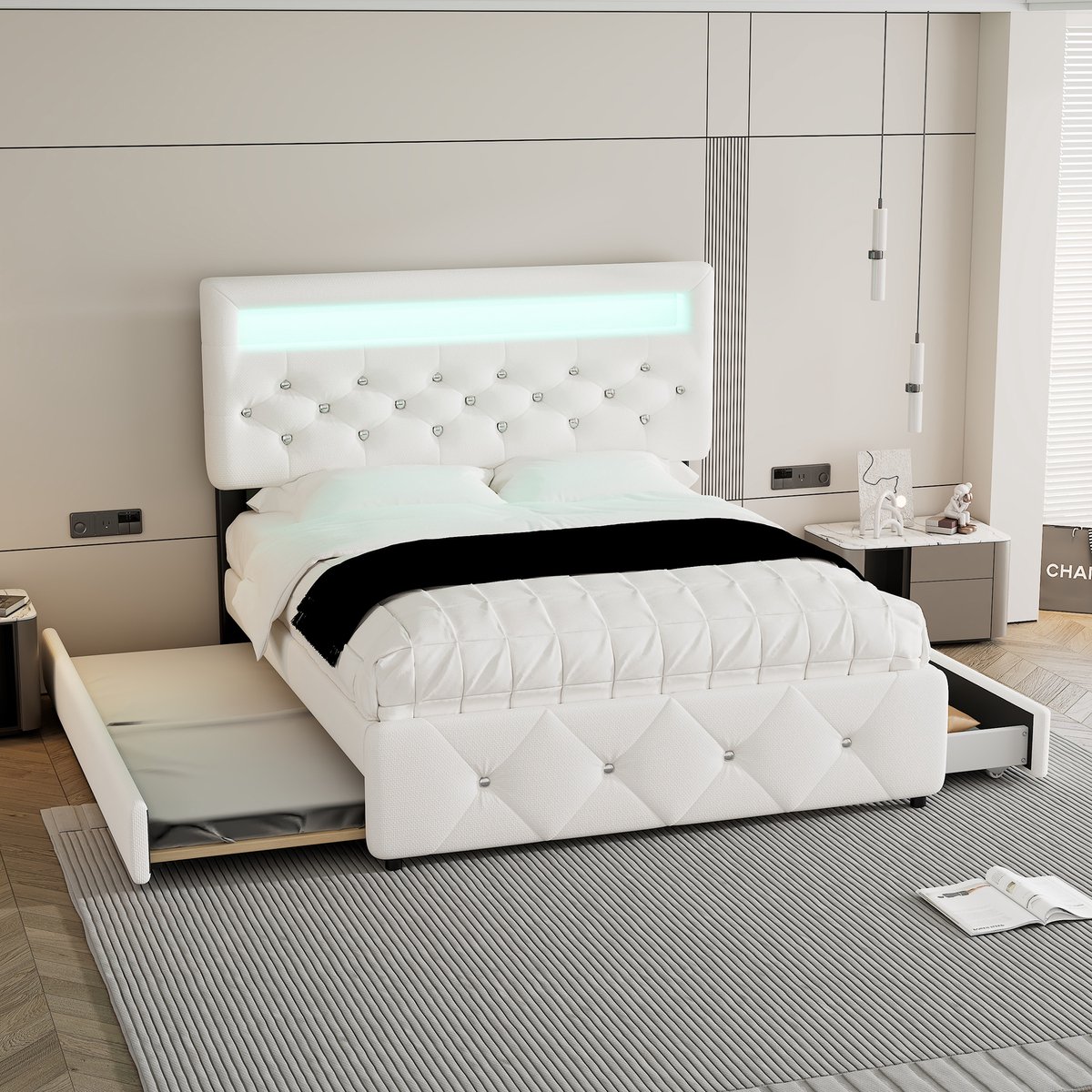 Polsterbed met uitschuifbed en opberglades - 140x200 cm (onderbed 90x190 cm) - Wit - Inclusief LED-nachtkastverlichting - Verstelbaar hoofdeinde (2 standen)