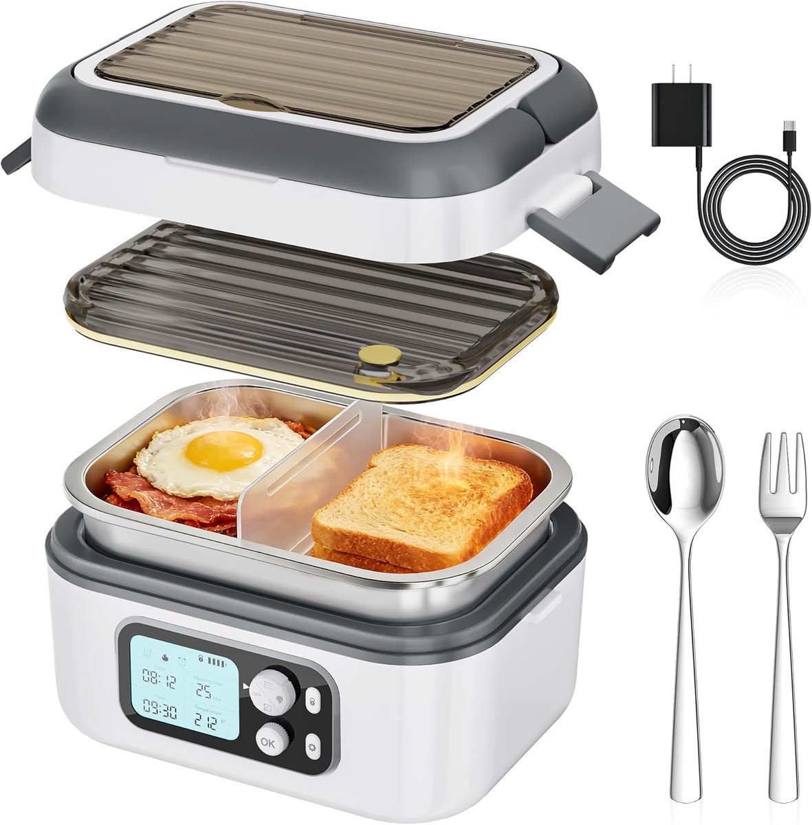 SnelShoppen - Elektrische Lunch Box 1500 ml Geïsoleerde Verwarmbare Lunchdoos met Timer, Digitale Weergave, Thermotas, Lepel & Vork, Verwijderbare Ver