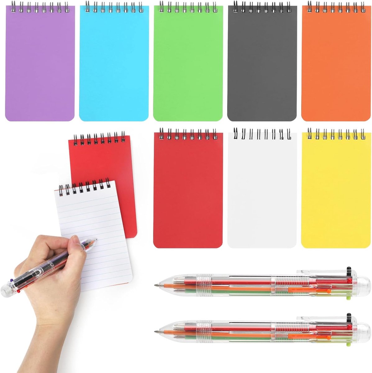 SnelShoppen - 8 Stuks Mini Notepad A7 Kleurrijke Spiral Notitieblokken met 2 Kleurige Balpennen, Pocket Notitieboek met Raster voor Memo's, Kantoor, S