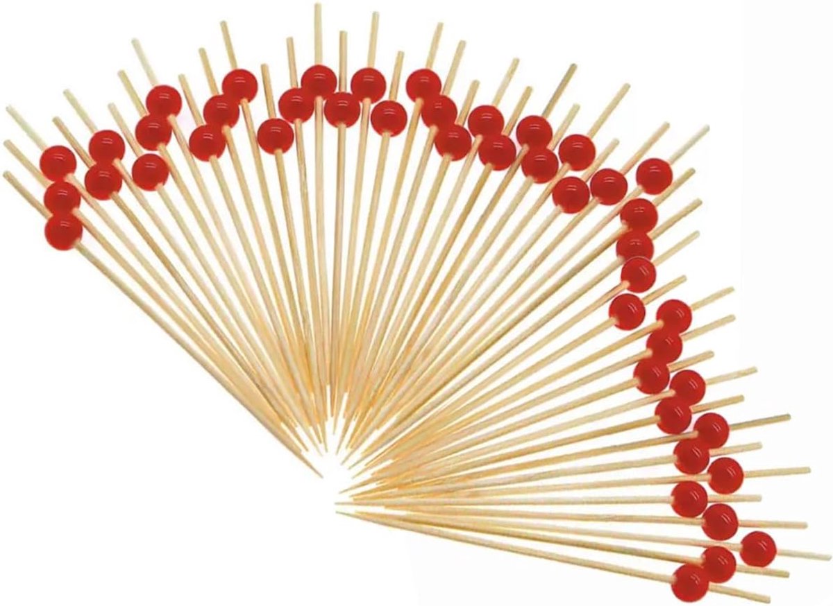 SnelShoppen - Pack van 100 Cocktailprikkers, Bamboe Finger Food Prikkers met Gouden Kralen voor Feestdecoraties, Borrelhapjes, Fruit, Burgers en Sandw