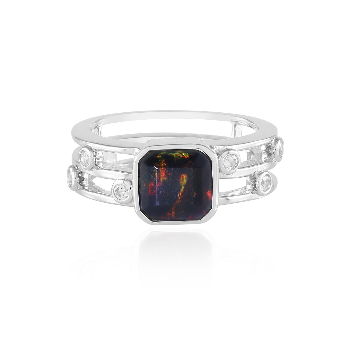 Cavill - Zilveren Ring Geplatineerd - 0,99 ct Mezezo Opaal Achthoek Asscher - 0,19 ct Cambodjaanse Zirkonia - Elegante Bezel Ring