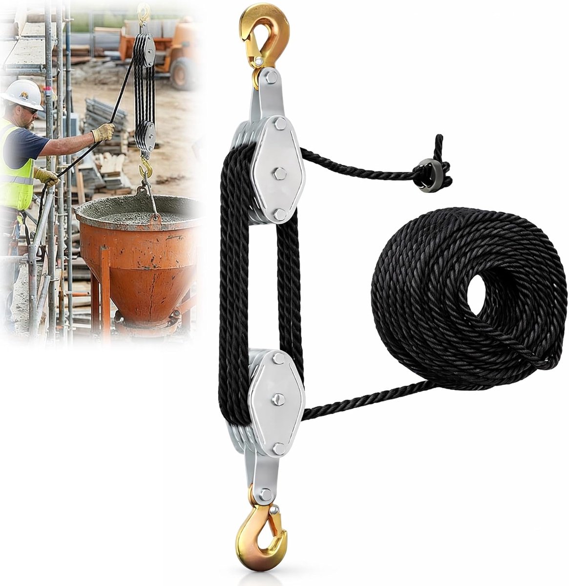 Bottle case, working saving with rope brake: 2000 kg max and 8:1 lifting force, hoist with rope and hook for garages - ShopVlot