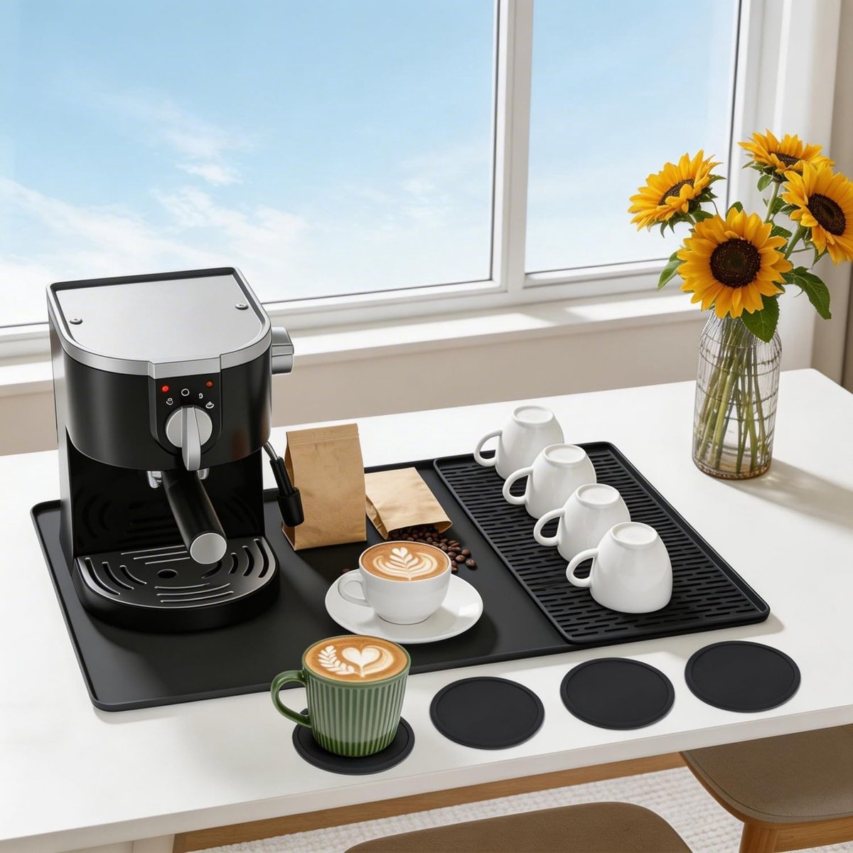2-in-1 drip mat with rim, 60 x 40 cm, coffee machine pad made of silicone with 4 silicone coasters, heat-resistant - ShopVlot