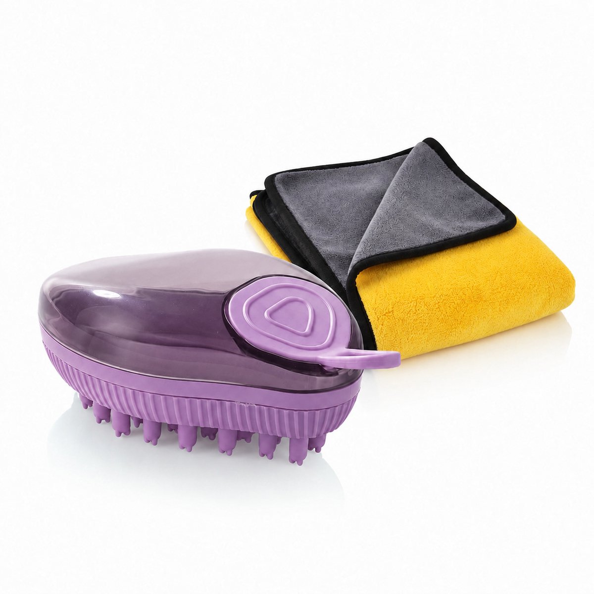 Aaminuel Hondenwasborstel met Zeepdispenser & Handdoek - Siliconen Hondenborstel - Borstel voor Honden en Katten - Wasborstel Huisdieren - Massageborstel & Badborstel - Paars