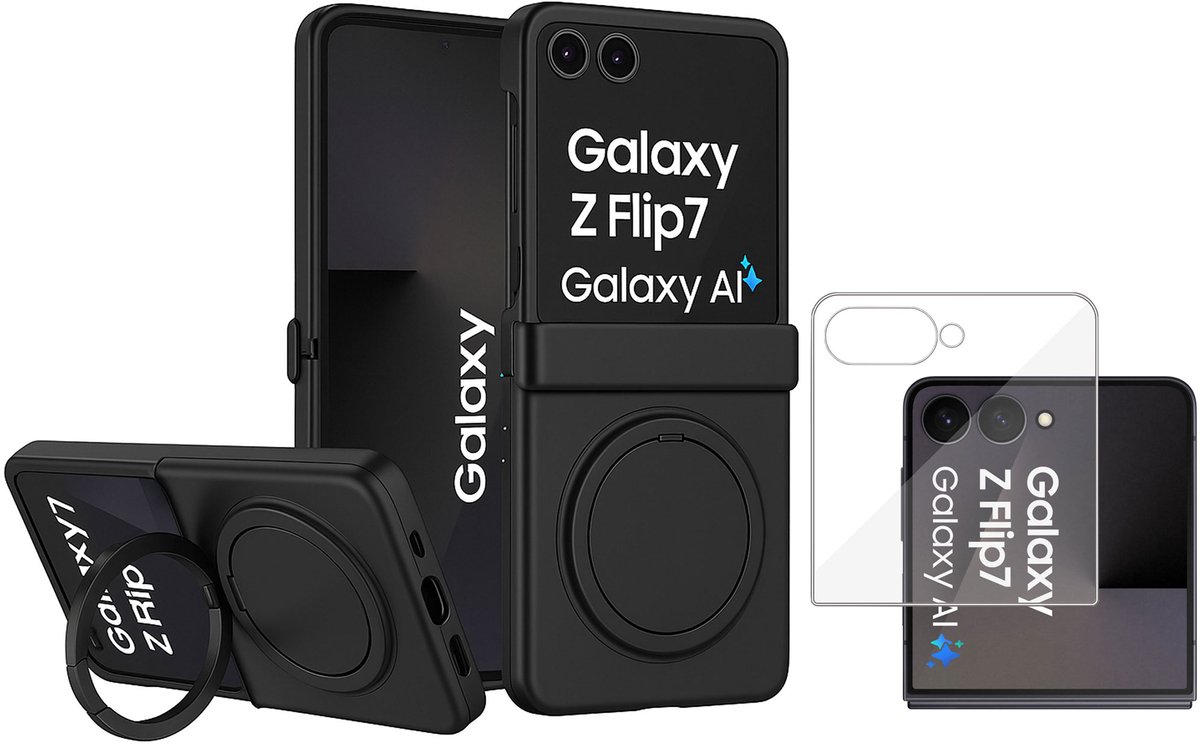 Hoesje met Ringhouder + Screenprotector geschikt voor Samsung Galaxy Z Flip 8 – Geschikt voor MagSafe – Draaibare Kickstand – Draadloos Opladen – Zwart