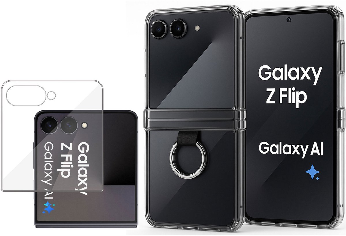 Hoesje met Ring & Screenprotector Geschikt voor Samsung Galaxy Z Flip 8 - Gehard Glas Cover + Shock Proof Case - Scharnier bescherming – Ring voor Grip - Transparant