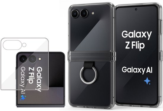 Coques transparentes pour un Samsung Galaxy Z Flip 7 bleu foncé, l'une avec un anneau, et un protecteur d'écran.