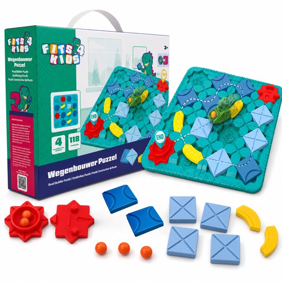 Wegenbouwer Puzzel met blauwe en groene tegels, rode en gele bochten, een groene auto en 3 oranje balletjes.