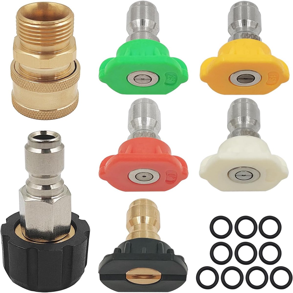 SnelShoppen - 5 Stuks Hogedrukreiniger Spuitmondjes Tips + 2 M22 14mm Snelkoppeling Set + 10 O-Ringen Vervanging voor 1/4" & 3/8", 5 Graden Snelle Ver