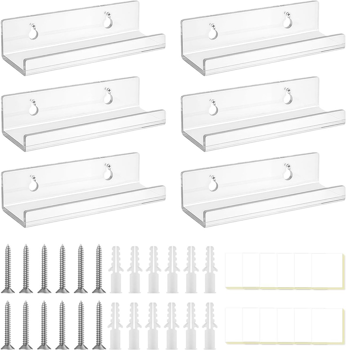 Zesdelige Transparante Wandhouder voor Vinylplaten, Zwevende Wandplank voor Vinylverzameling - 10 x 3,5 x 3 cm (Wit)