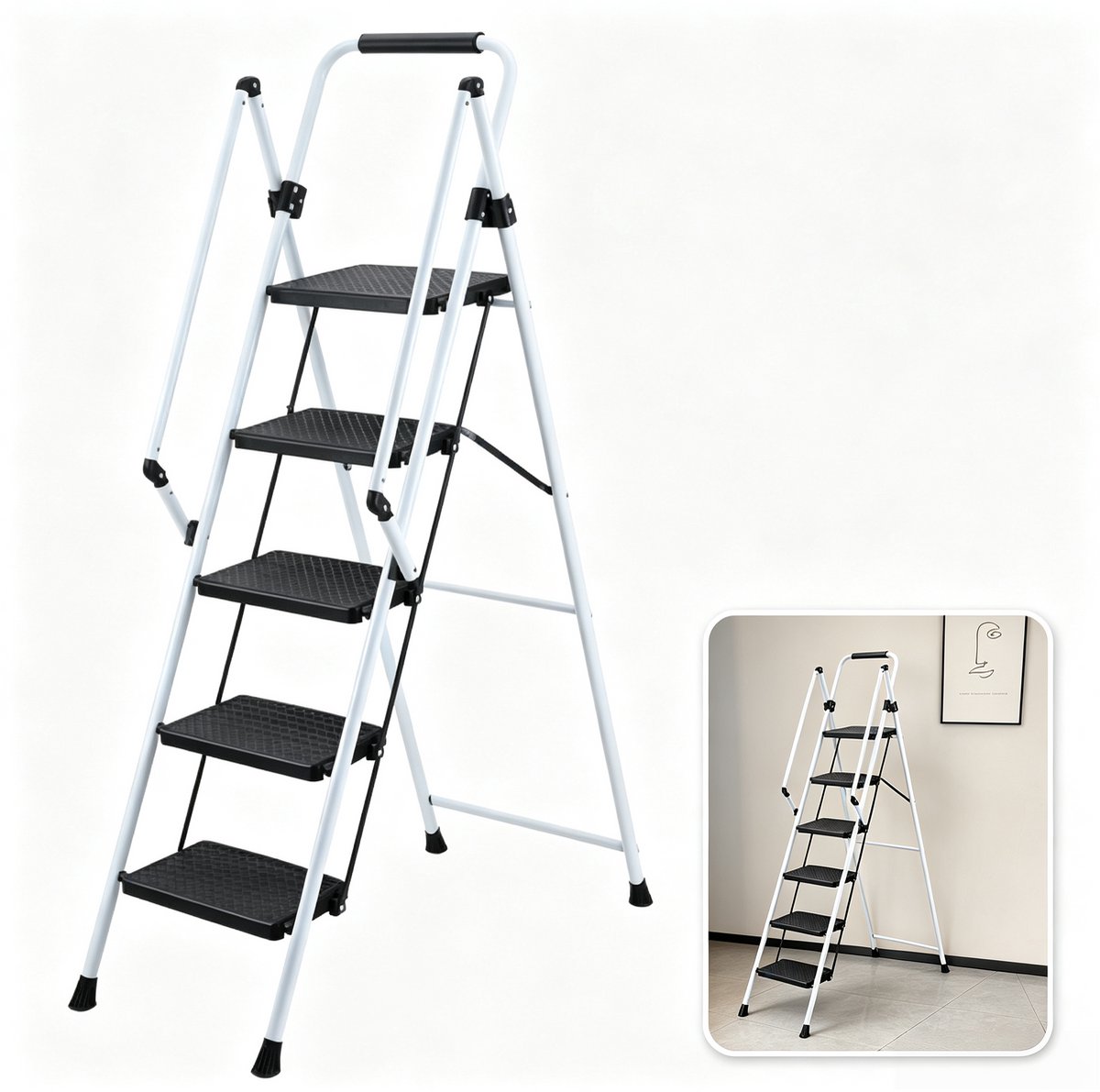Huishoudtrap - Vouwladder - Stalen trap - Keukentrap - Ergonomisch - Anti-slip - Ruimtebesparend - Draagbaar - Binnen en buiten - 179x55x9 cm - 5 treden - Wit