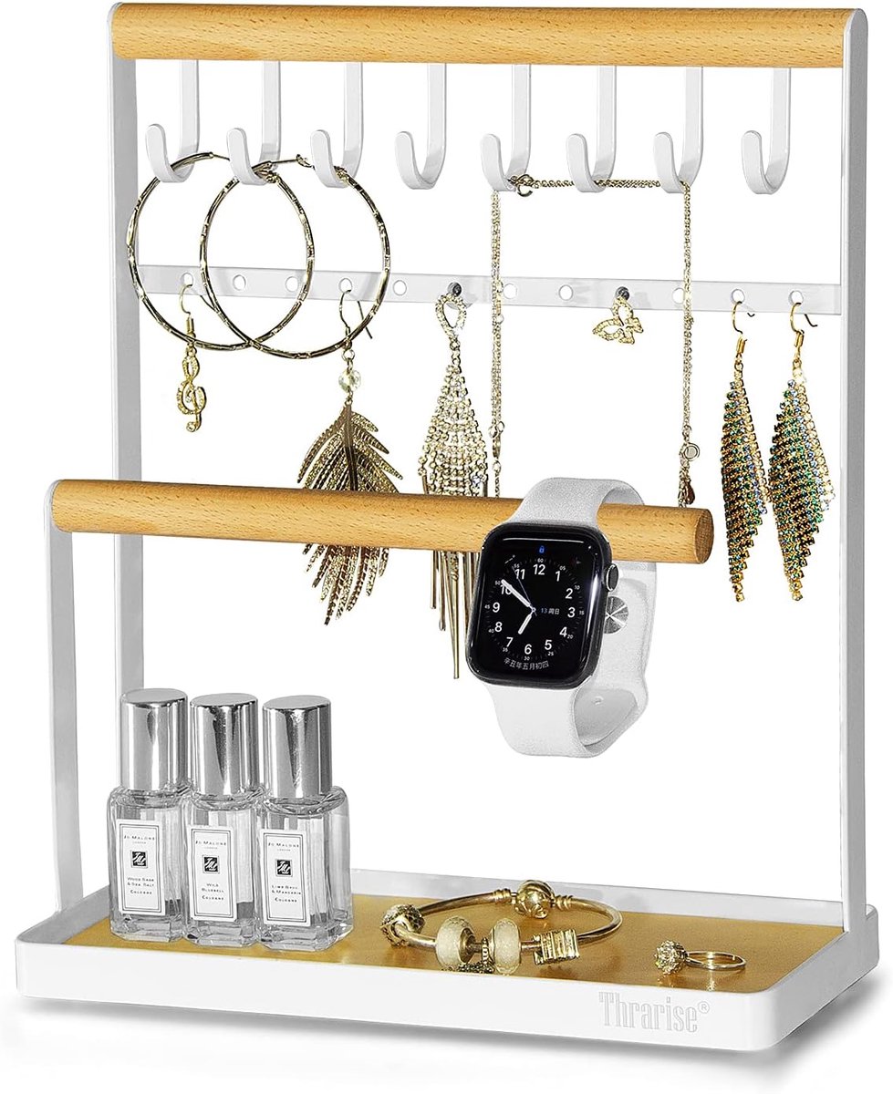 SnelShoppen - Sieradenstandaard met Lade voor Opslag van Kettingen, Armbanden, Ringen, Horloges en Alle Soorten Sieraden, IJzeren Stand en Houten Stan