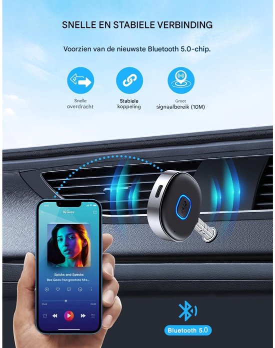 GELLDG AUX Bluetooth-autoadapter - Draadloze Bluetooth 5.0-ontvanger geschikt voor auto, audio-installatie thuis en bedrade hoofdtelefoons - 3,5mm AUX-adapter - Auto-equalizer - Ondersteunt verbinding met twee apparaten - Batterijduur van 10 uur — afbeelding 3