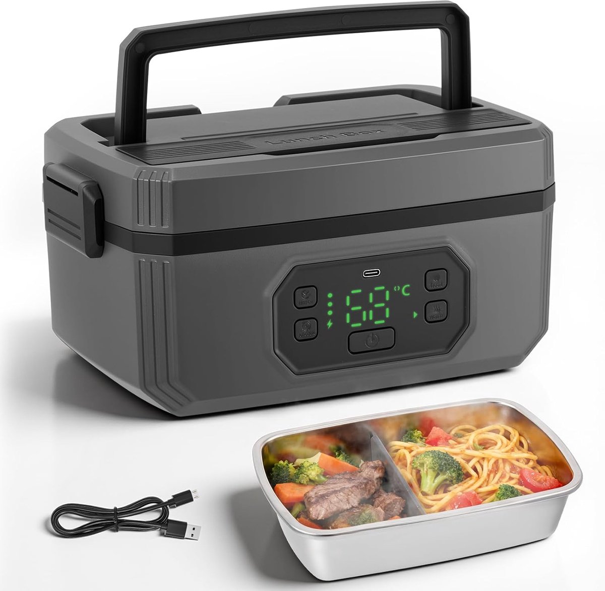 SnelShoppen - Oplaadbare lunchbox met draadloze verwarming, zonder waterinjectie, temperatuurregeling 40-100 °C, ideaal voor werk, school, picknick, c