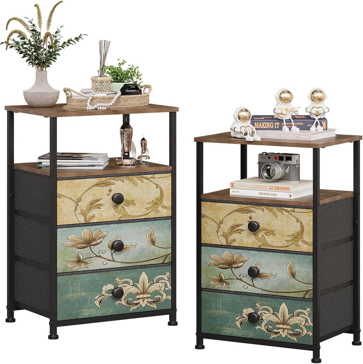 SnelShoppen - Set van 2 Ladekasten met 3 Laden en Open Plank, Commode Kast, Bohemian Kaptafel, Opslagkast, Nachtkastje, Bijzettafel voor Woonkamer en