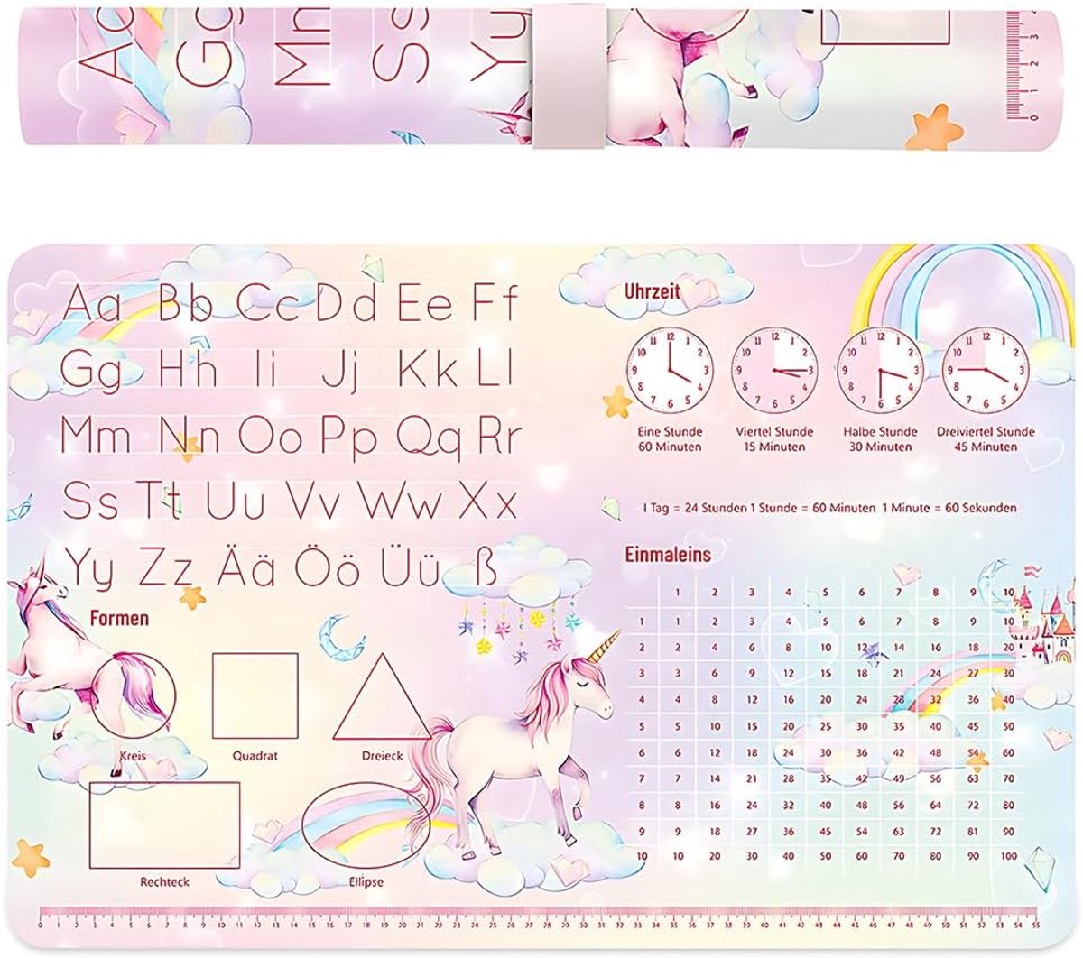 Bureauonderlegger meisjes 60 x 40 cm - afwasbaar - eenhoorn roze - leerzaam met ABC en tijd - SnelShoppen