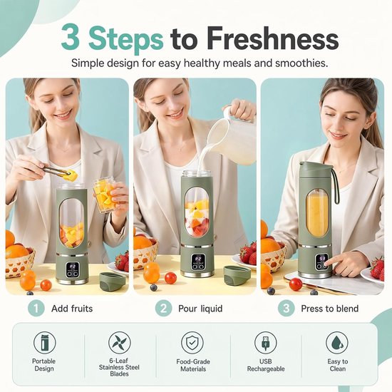 Draagbare elektrische blender met USB-poort, 450 ml. Geschikt voor sapbereiding, smoothies en milkshakes. Klein, compact, handig en multifunctioneel (groen). — afbeelding 2