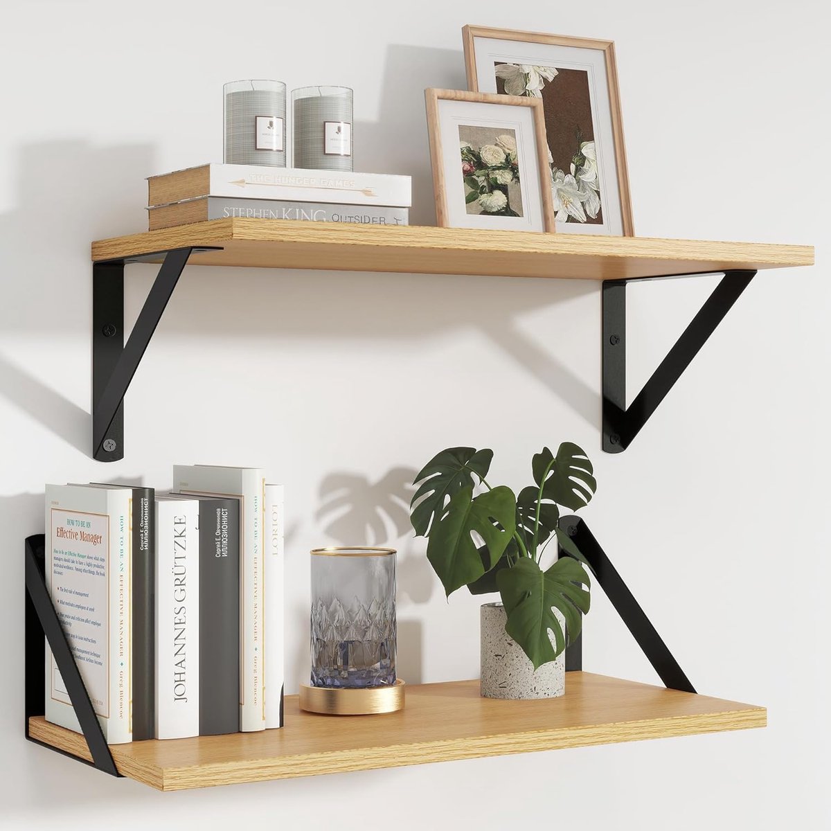 Drijvende Planken Set van 2 - 40 x 20 cm Eiken Houten Planken met Metalen Beugels