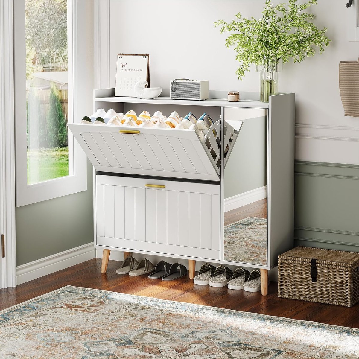 Schoenenkast met spiegel en 2 klapladen, slanke schoenenorganizer met verstelbare planken, wit 106 x 30 x 101 cm, voor hal, slaapkamer en woonkamer