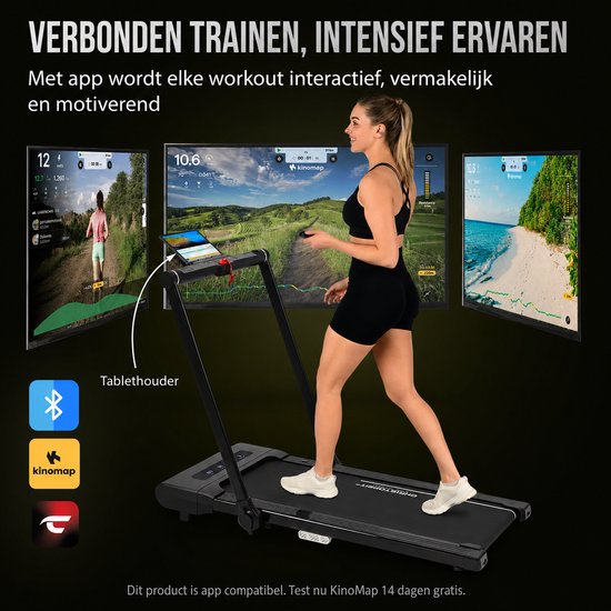Vrouw op loopband, met weergave van Kinomap-app-interface met virtuele landschappen en fitnessgegevens.