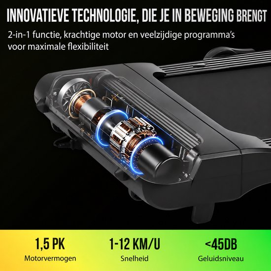 Detailopname van de motor van de zwarte loopband met aanduidingen 1,5 pk motorvermogen, 1-12 km/u snelheid en <45DB geluidsniveau.