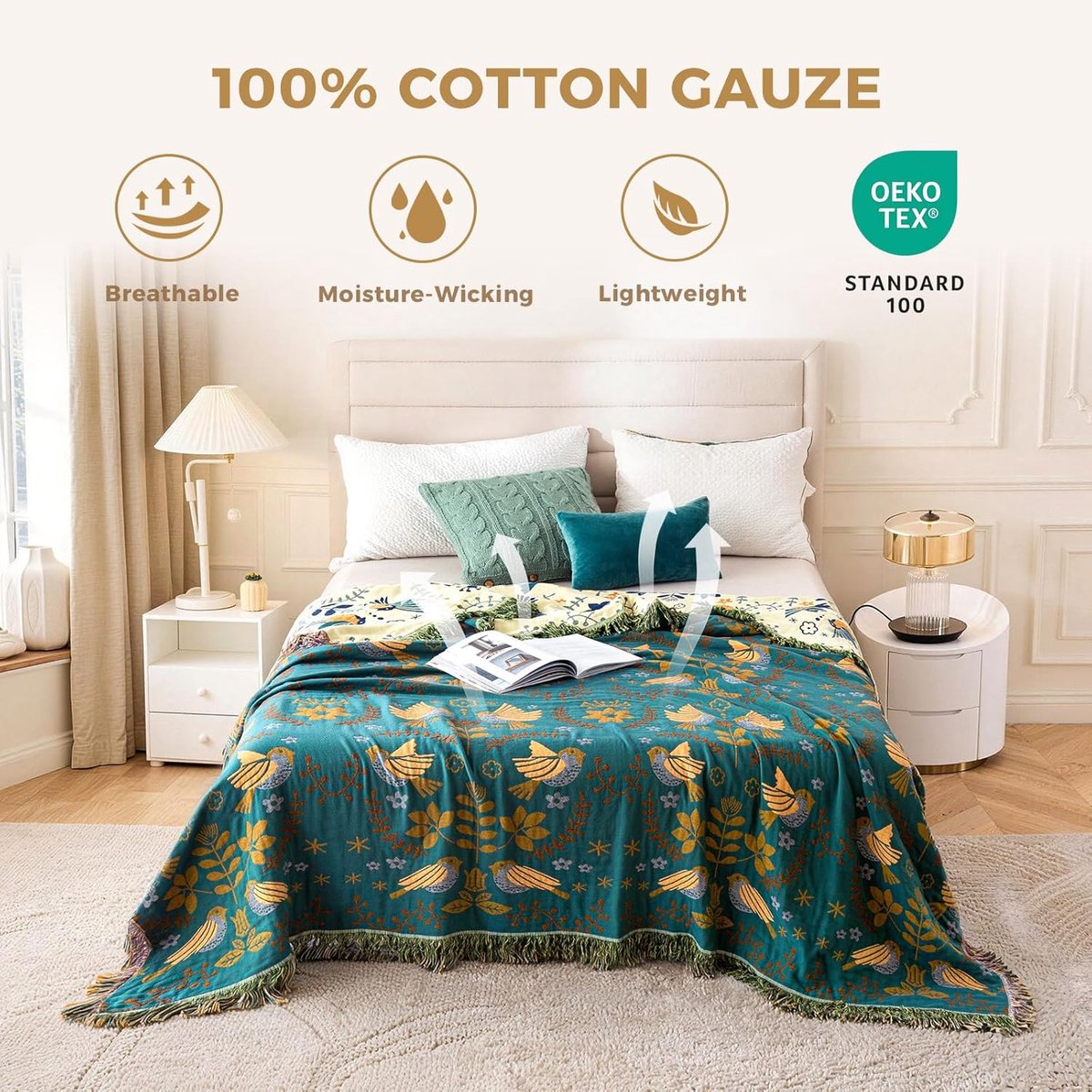 Sofa plaid - Bedsprei - bank deken - Deken - Vogel- en bloemenprint - 150×200cm - Katoen - Groen — cadeau in Wonen & Interieur - foto 5
