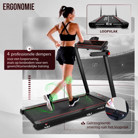 Vrouw rent op loopband, met diagrammen die ergonomie en demping tonen. Afmetingen van de loopband.
