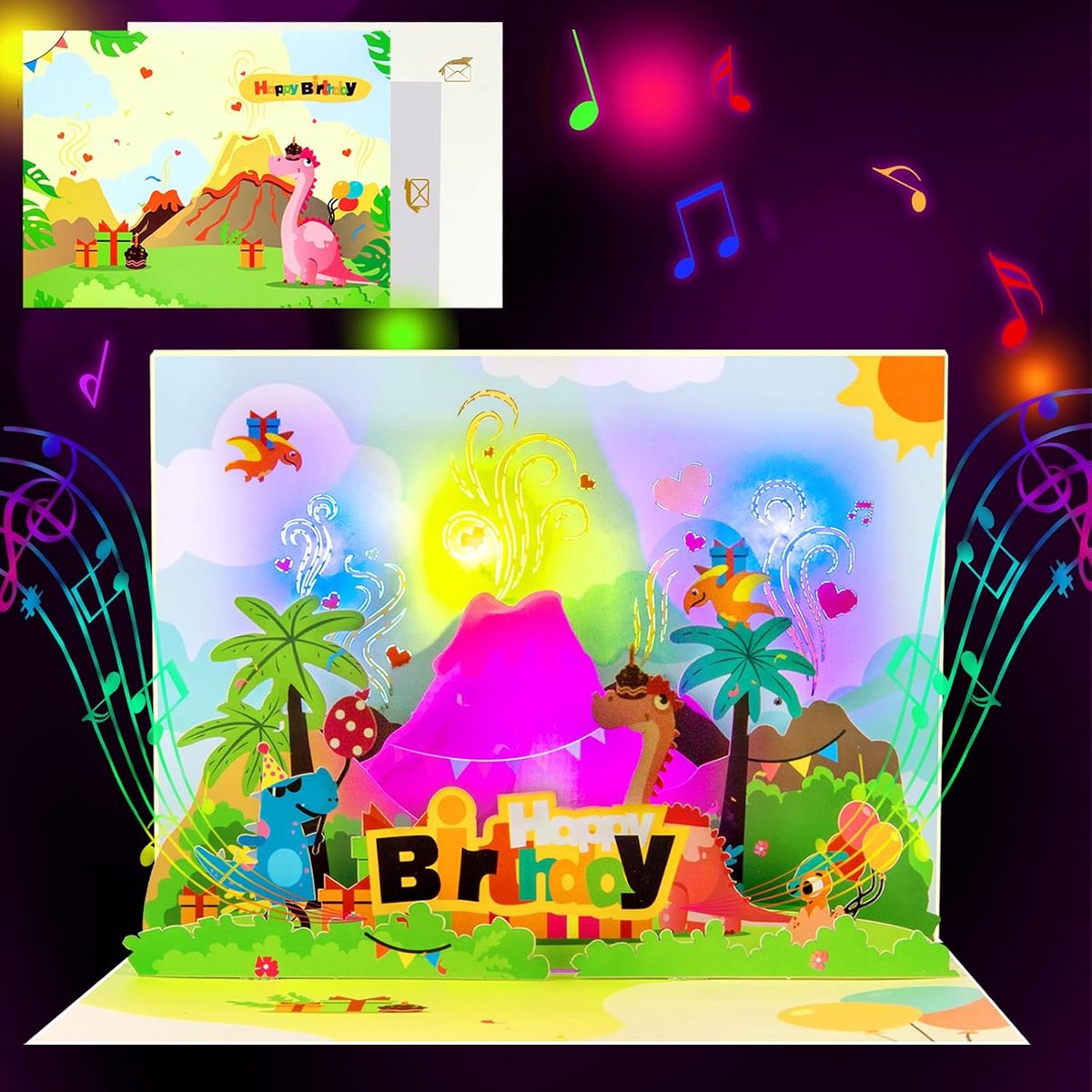 3D pop-up dinosaurus-verjaardagskaart voor kinderen, vulkaanscène met muziek en licht, met dinosaurus-kaart voor jongens en meisjes, inclusief envelop en blanco notitiekaart