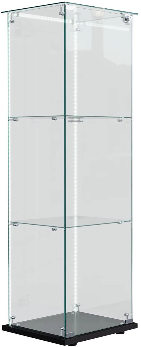 Glazen Vitrinekast Zwart – Afsluitbare Displaykast met 1 Deur, LED Verlichting, Slot en 3 Planken