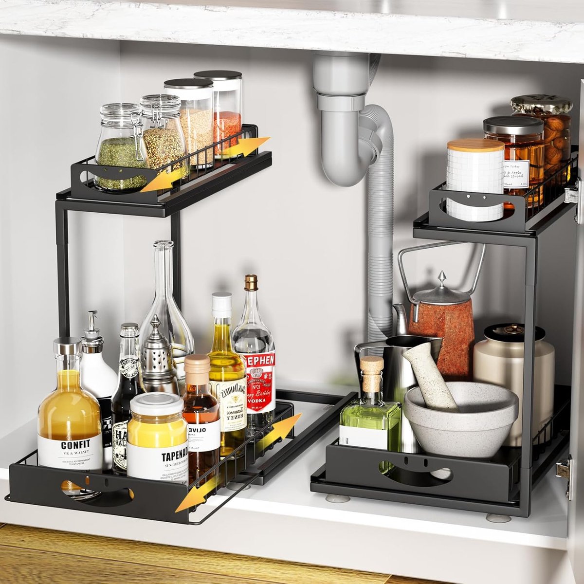 Onder de wastafel rek, uittrekbaar rek met 2 niveaus, metalen organizer, schuiforganizer, onderkast, multifunctioneel voor onder wastafel, voor keuken, badkamer, zwart (2 stuks)
