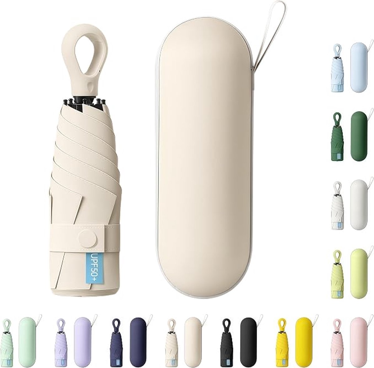 Paraplu - Mini Opvouwbare Reisparaplu met Hard Case en Ringhaak - Ultra-Lichtgewicht en UV-Bescherming voor Handtas en Jaszak - wit