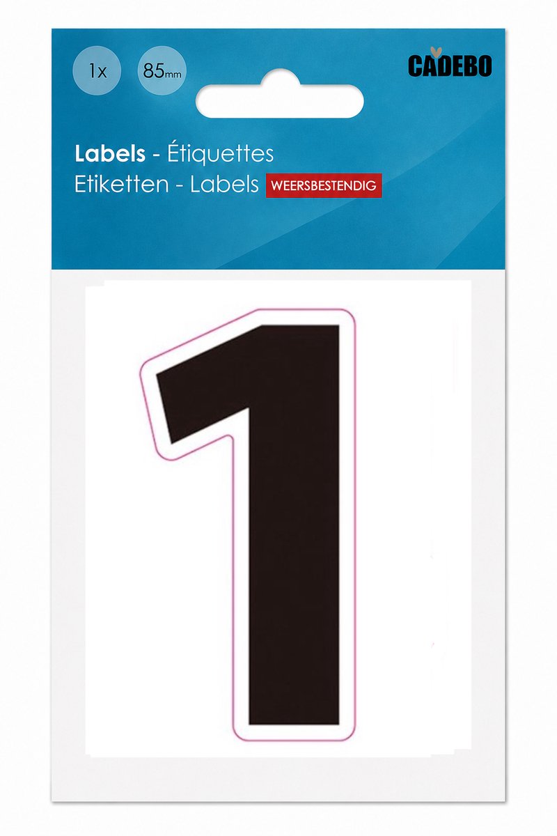 Plakcijfer - Nummer Sticker - 1 - Cadebo - Weerbestendig - 8,5 cm hoog, 6 cm breed, perfect formaat - Zwart