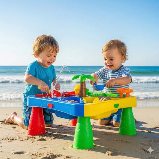 Twee lachende jongetjes spelen met de kleurrijke zand- en watertafel op een zonnig strand bij de zee.