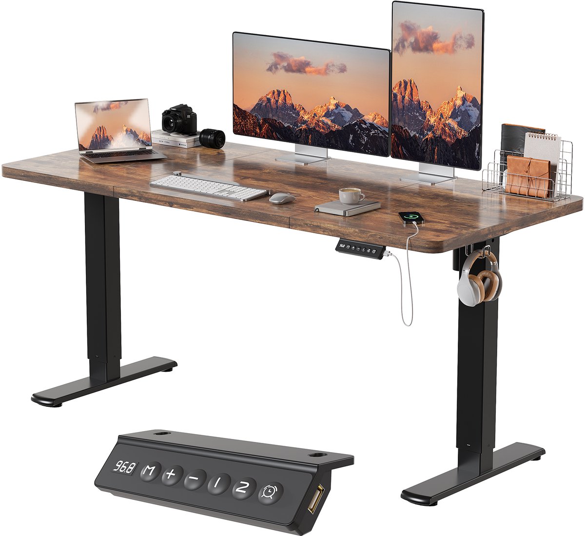 Devoko Elektrisch Hoogteverstelbaar Bureau - Zit-Sta Bureau 140x60 cm - Digitaal Display met 2 Geheugenstanden en Zitherinnering - Bruin