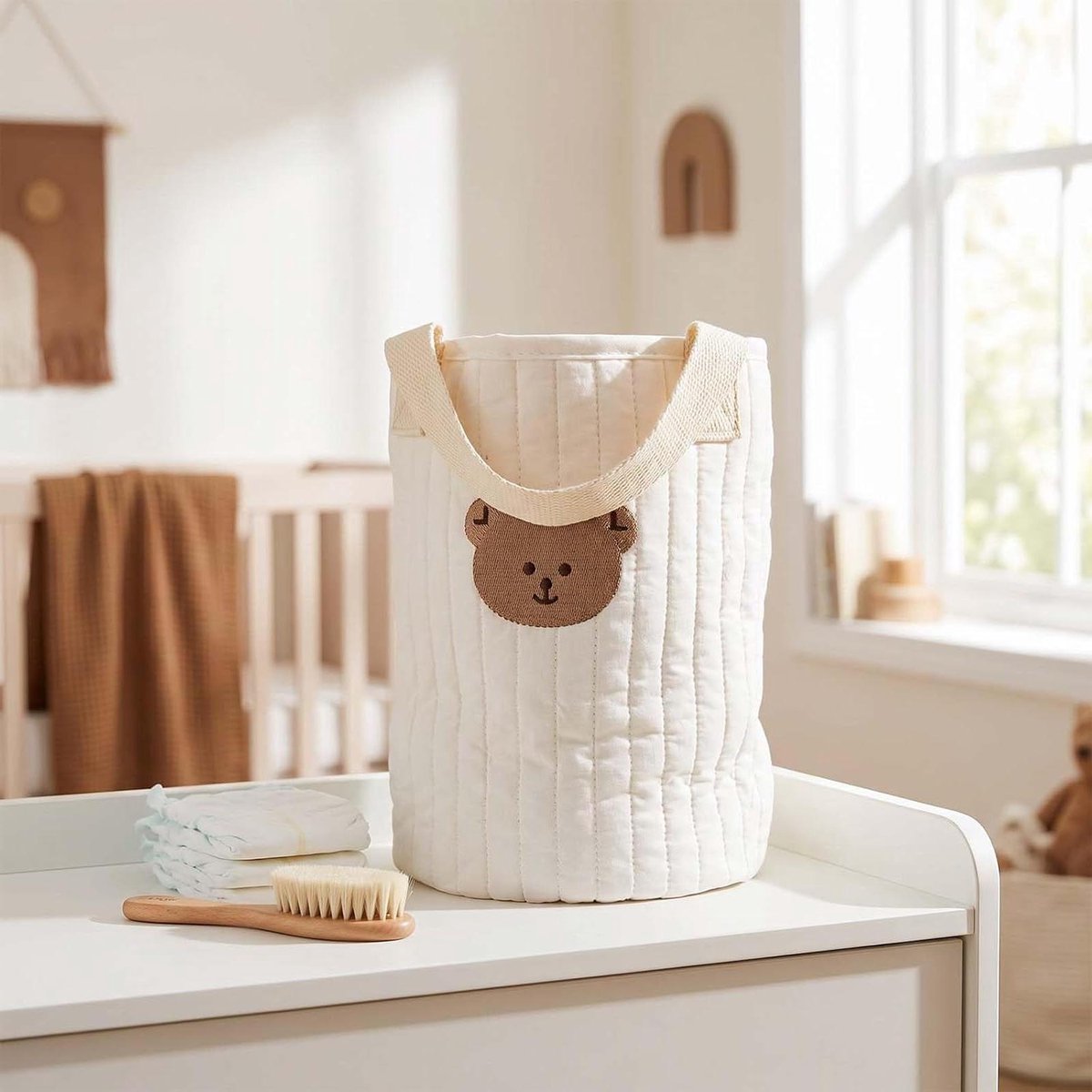Luiertas Kinderen - Mama Tas Organizer - Reizen Baby - Borduursel Beer - 25 x 17 x 10 cm - Beige